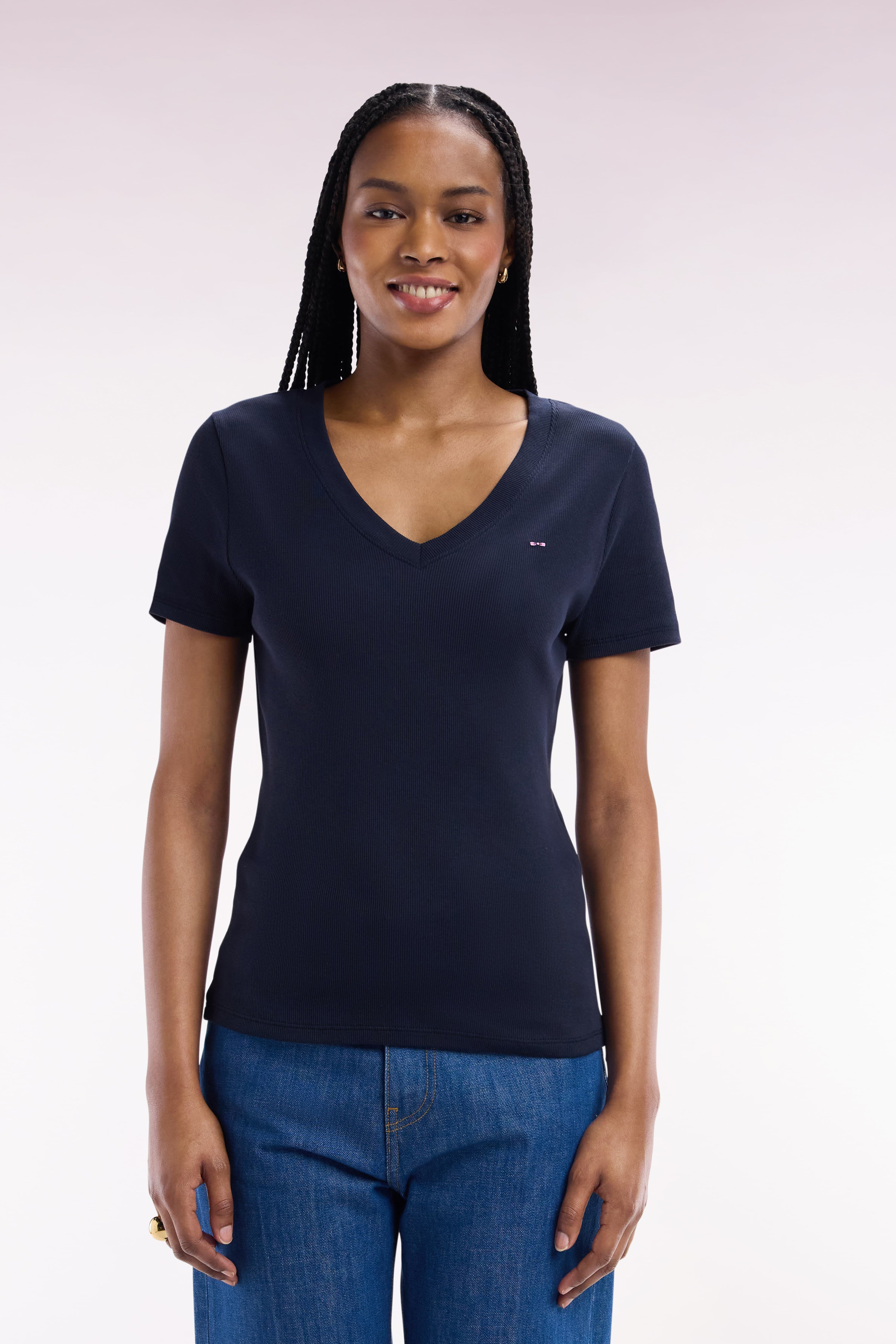 T-shirt en coton Pima côtelé marine coupe ajustée