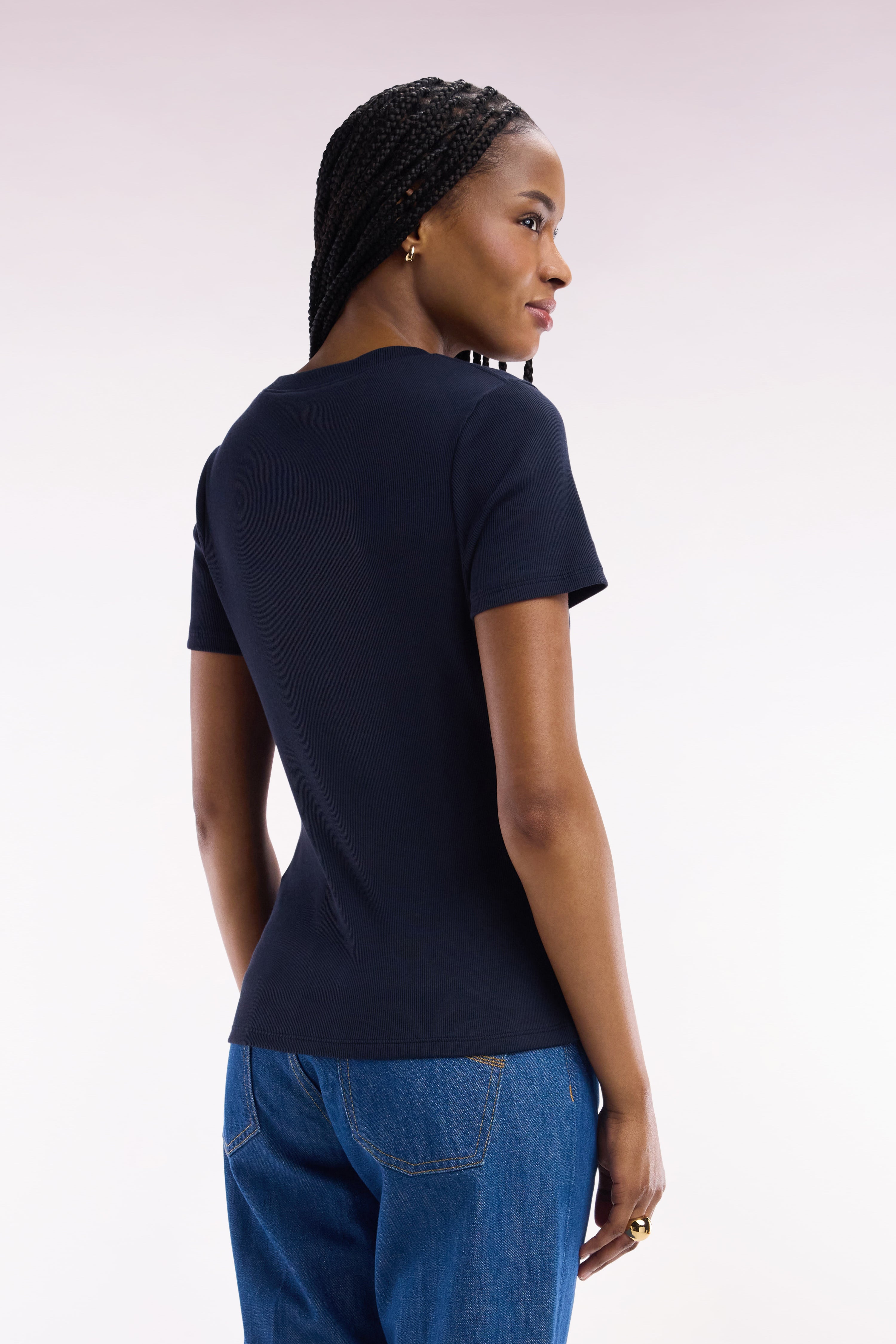 T-shirt en coton Pima côtelé marine coupe ajustée