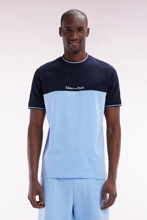 Straight-fit two-tone sky blue embroidered cotton T-shirt - Image 1