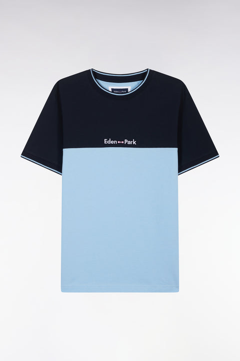 Straight-fit two-tone sky blue embroidered cotton T-shirt - Image 2