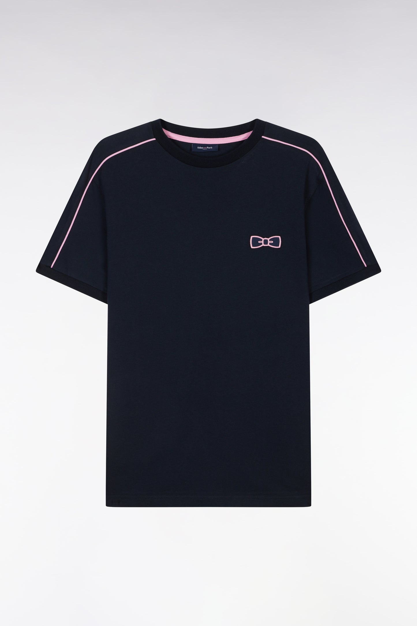 Straight-fit navy cotton T-shirt with pink piping and pink embroidery