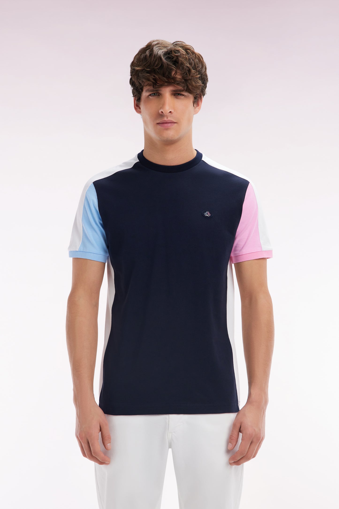 Straight-fit navy cotton colorblock T-shirt