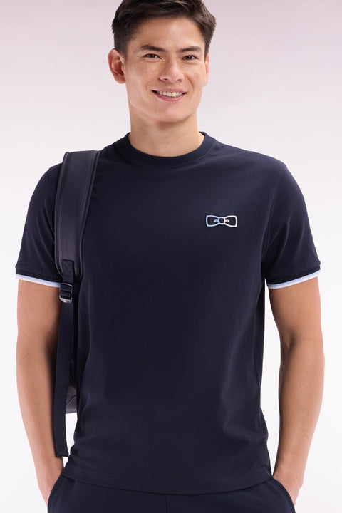 T-shirt en coton marine à broderies bicolores coupe décontractée - Image 3
