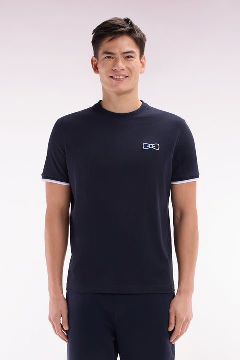 T-shirt en coton marine à broderies bicolores coupe décontractée - Image 1