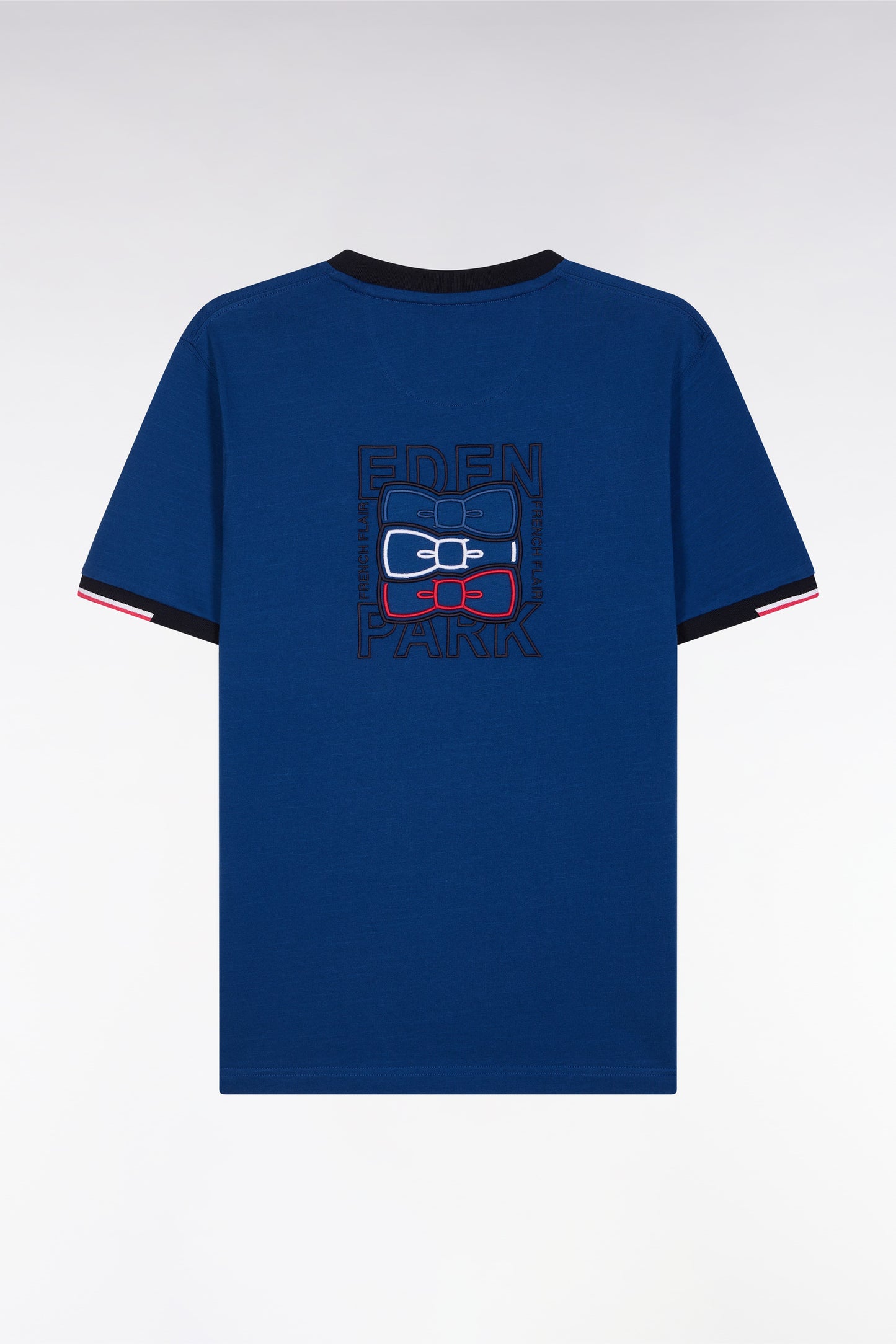 Straight-fit blue cotton T-shirt with back embroidery