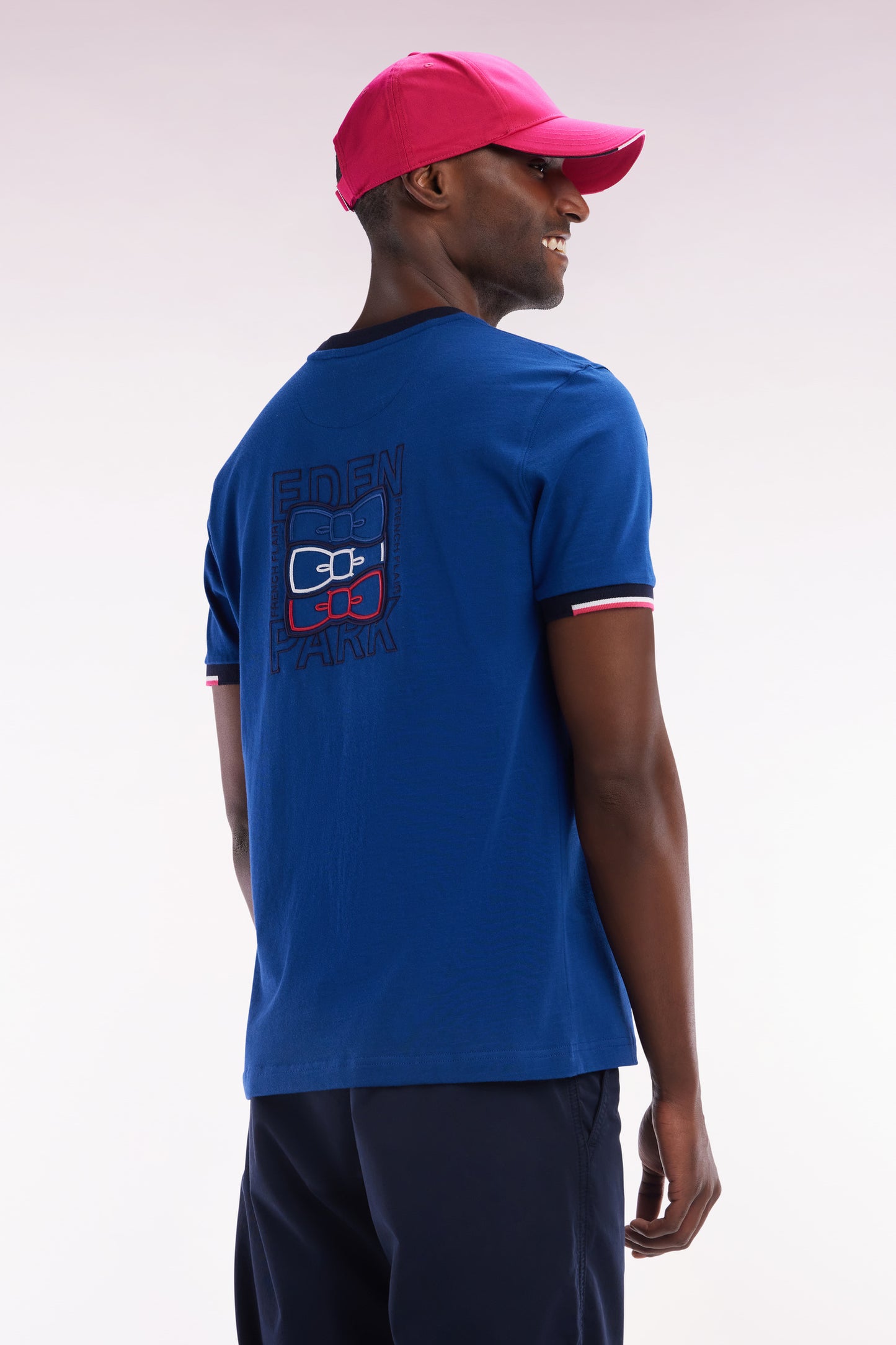 Straight-fit blue cotton T-shirt with back embroidery