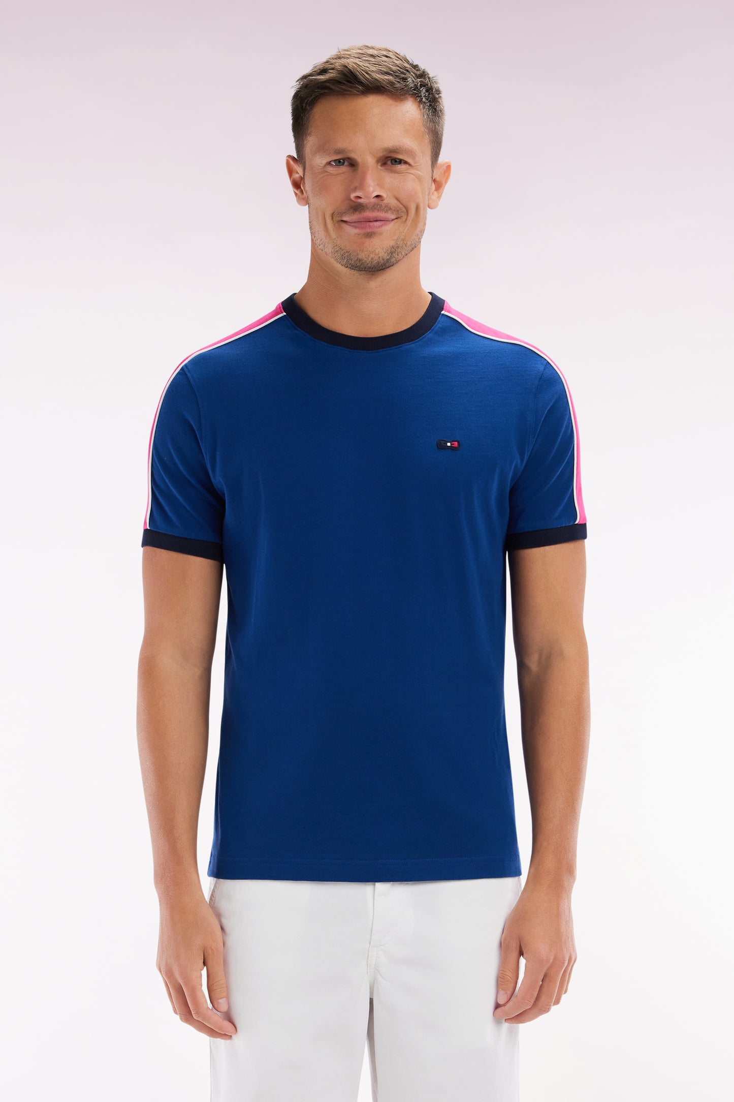 Straight-fit dark blue cotton T-shirt with back embroidery and cutouts
