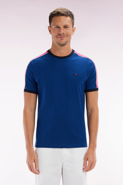 T-shirt en coton bleu foncé broderie dos et découpes coupe droite - Image 1