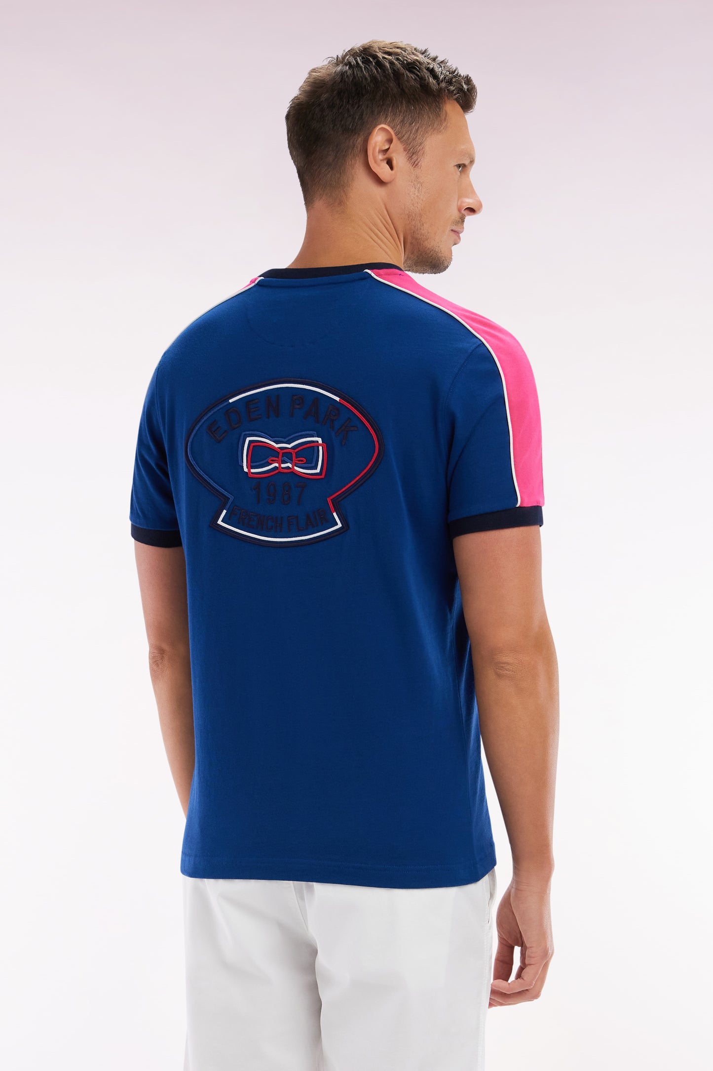 Straight-fit dark blue cotton T-shirt with back embroidery and cutouts