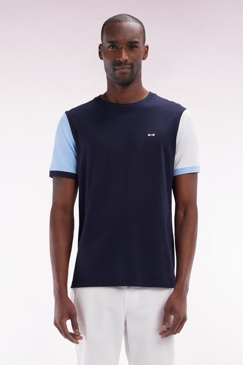 T-shirt colorblock en coton marine broderie 10 coupe droite - Image 1