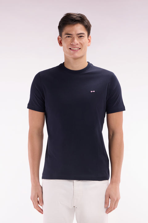 T-shirt en coton marine broderie dos cerclée coupe droite - Image 1