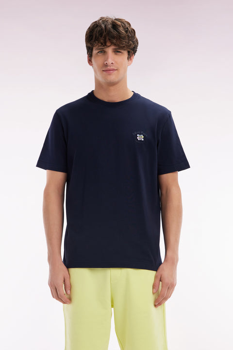 T-shirt en coton marine broderie multicolore coupe décontractée - Image 1