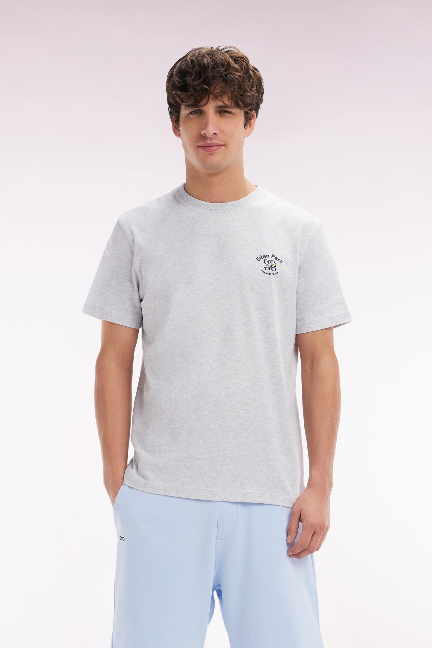 Grey cotton T-shirt with multicolored embroidery, relaxed fit