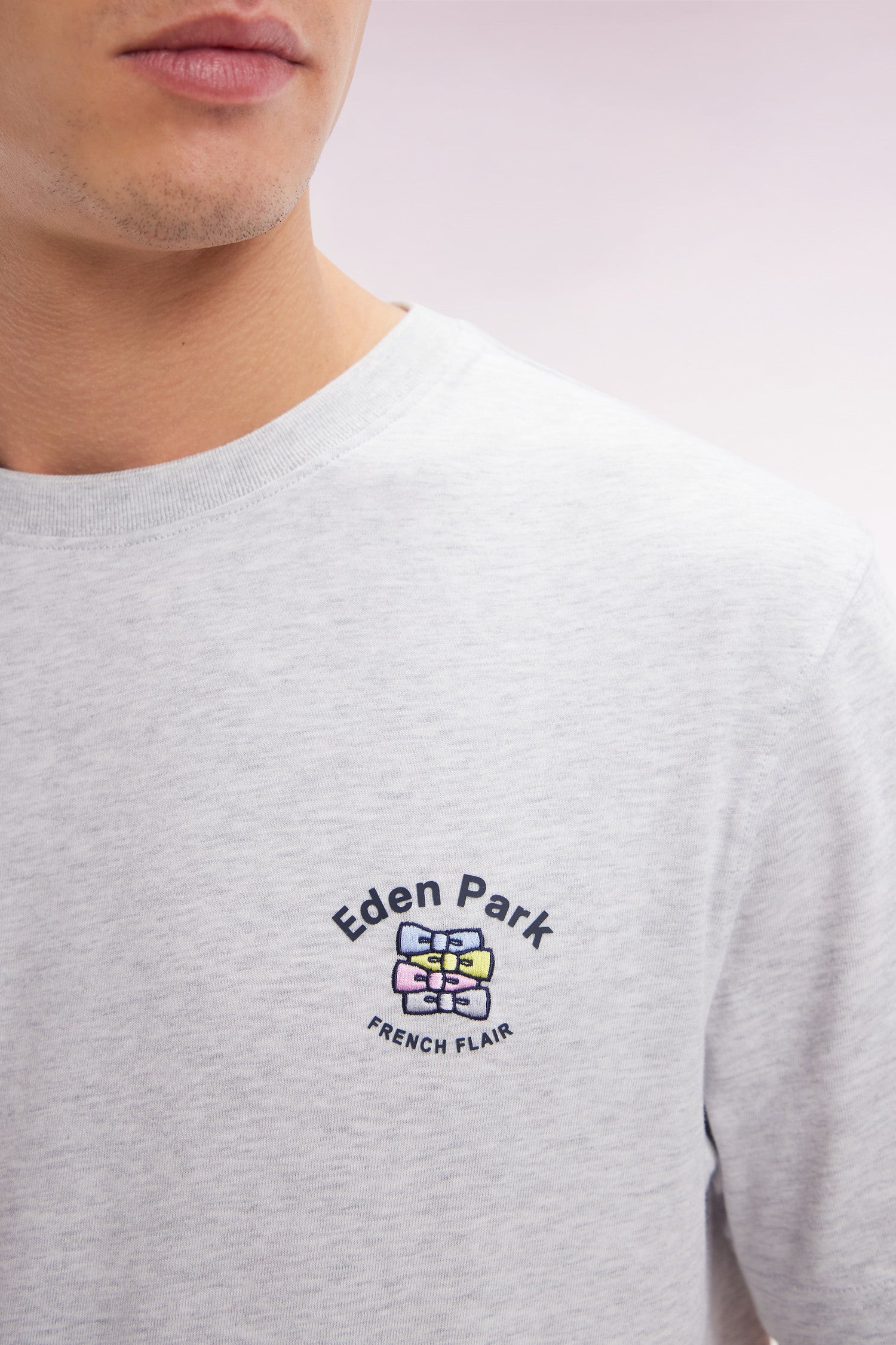 T-shirt en coton gris broderie multicolore coupe décontractée