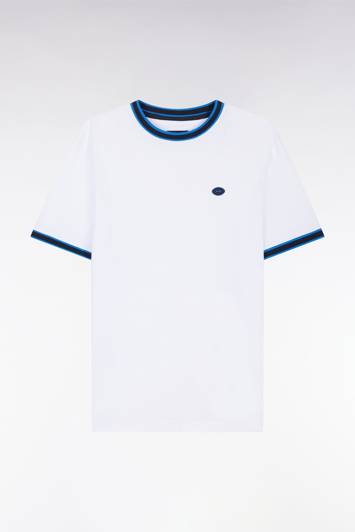 White cotton T-shirt with blue ribbing, relaxed fit