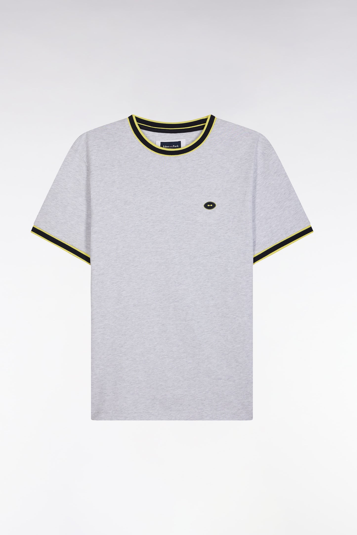 Grey cotton T-shirt with green ribbing, relaxed fit