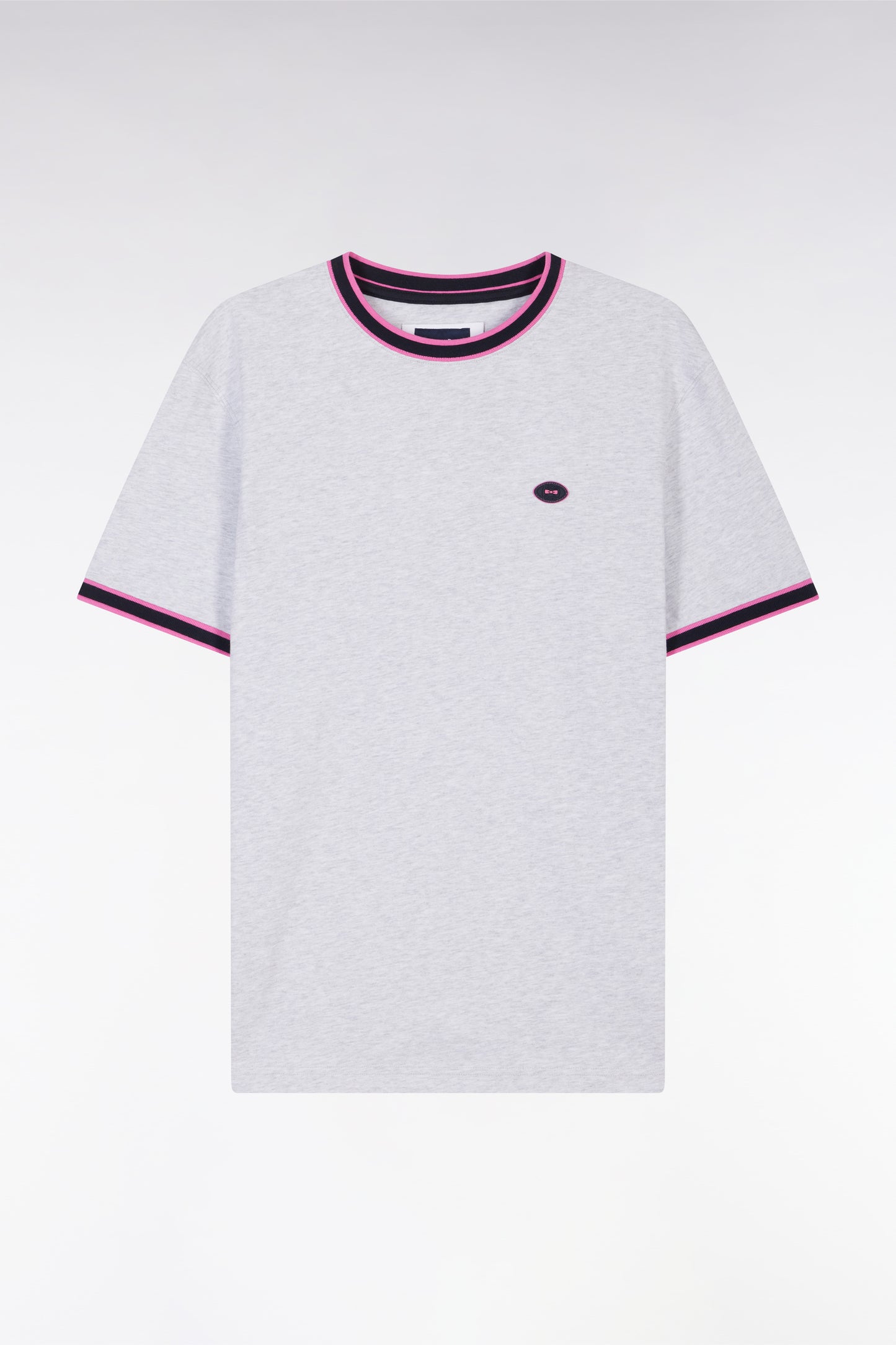 Grey cotton T-shirt with pink ribbing, relaxed fit