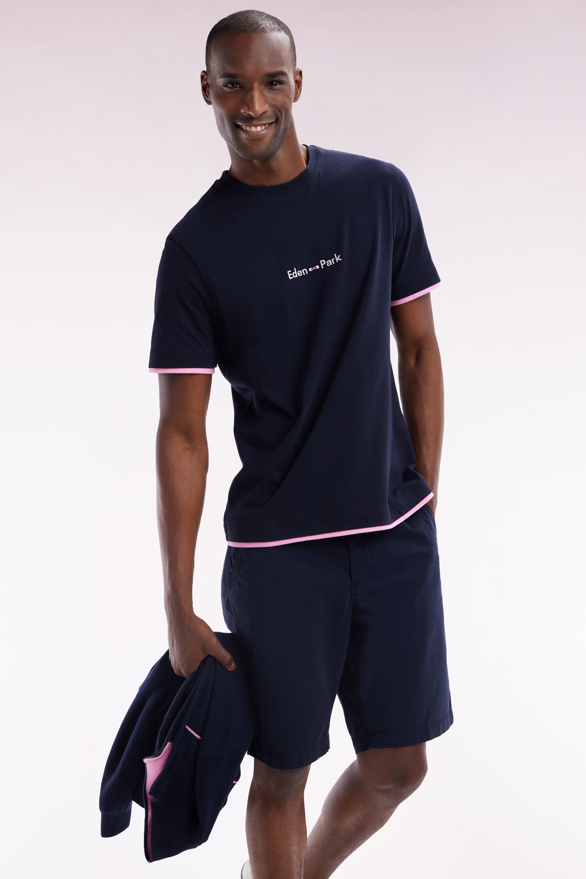 T-shirt brodé en coton marine à effet superposition coupe droite