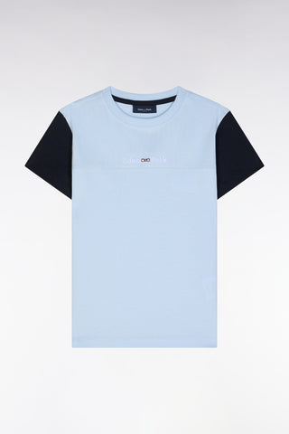 T-shirt en coton ciel manches marine coupe droite