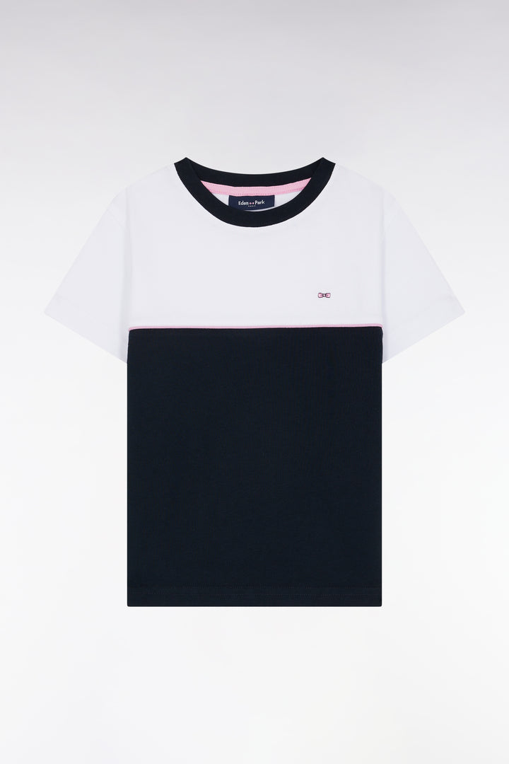 T-shirt bicolore en jersey de coton marine coupe droite