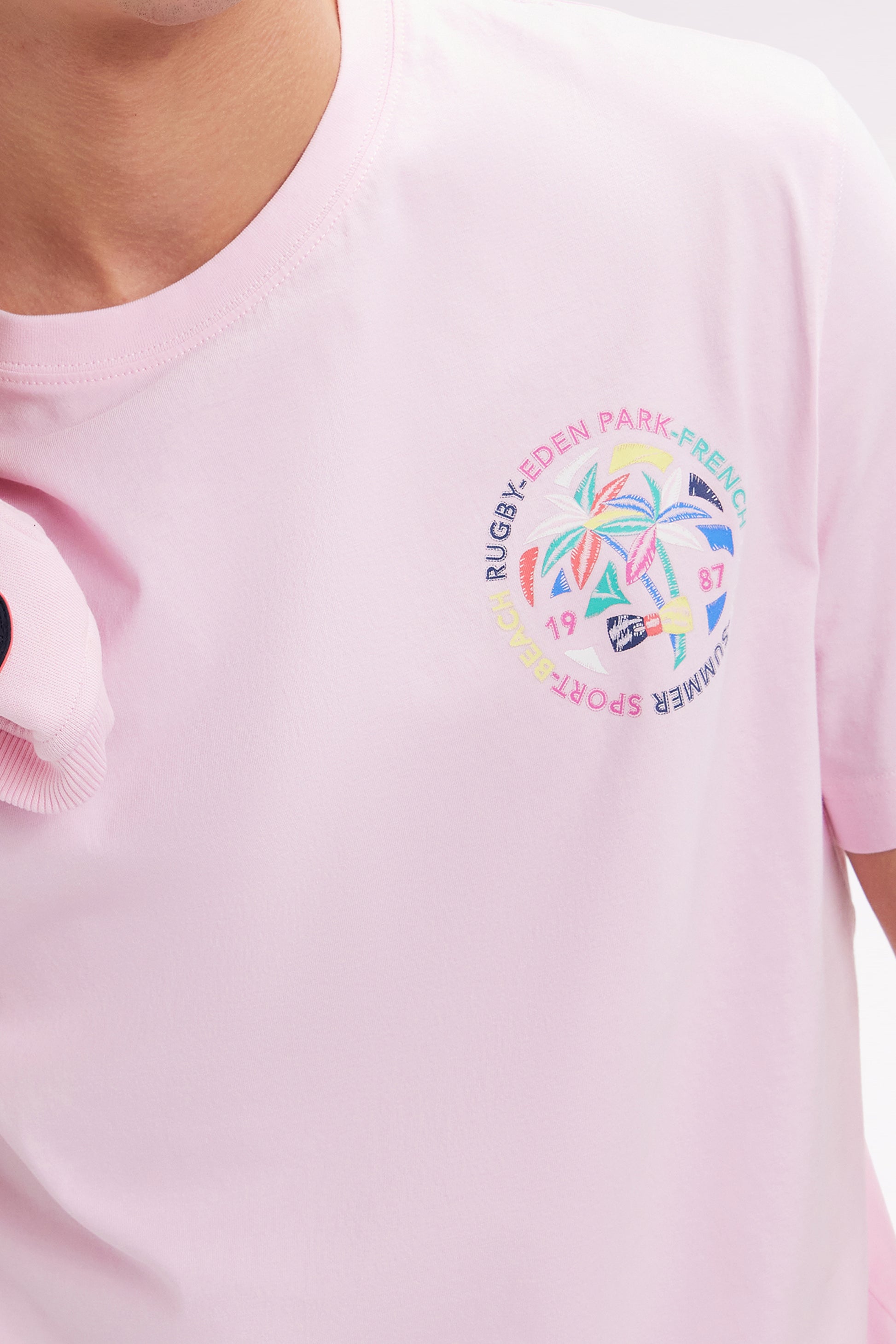 T-shirt en coton rose sérigraphie multicolore coupe décontractée