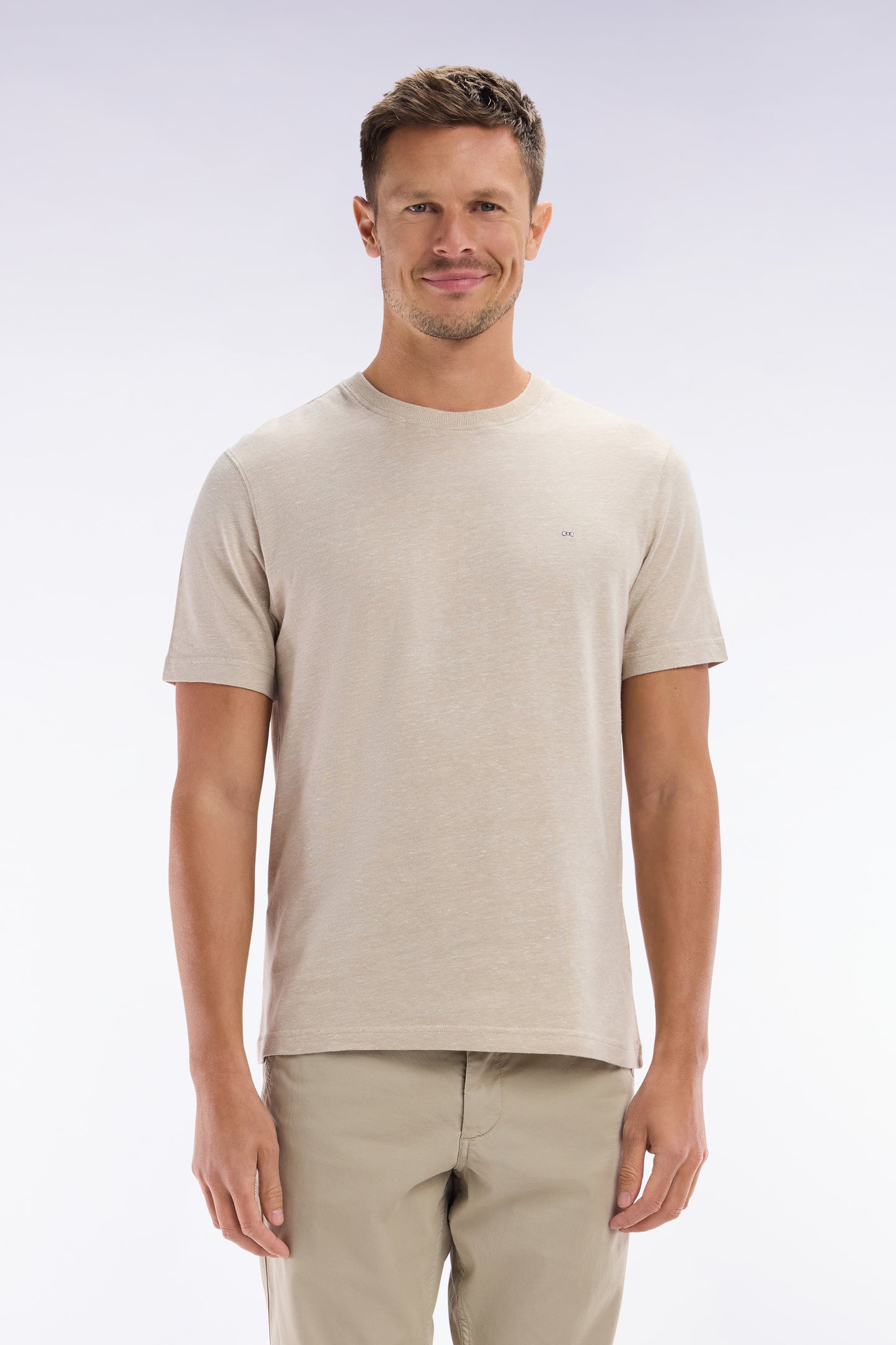 Straight-fit beige T-shirt in cotton and linen blend