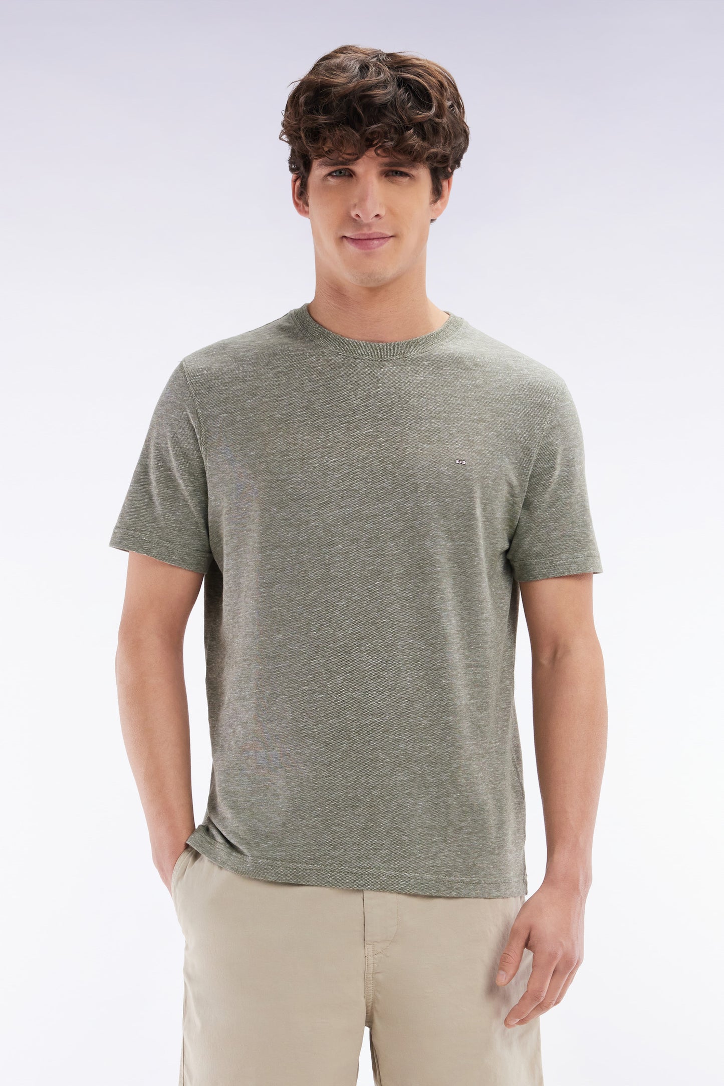 Straight-fit khaki T-shirt in cotton and linen blend