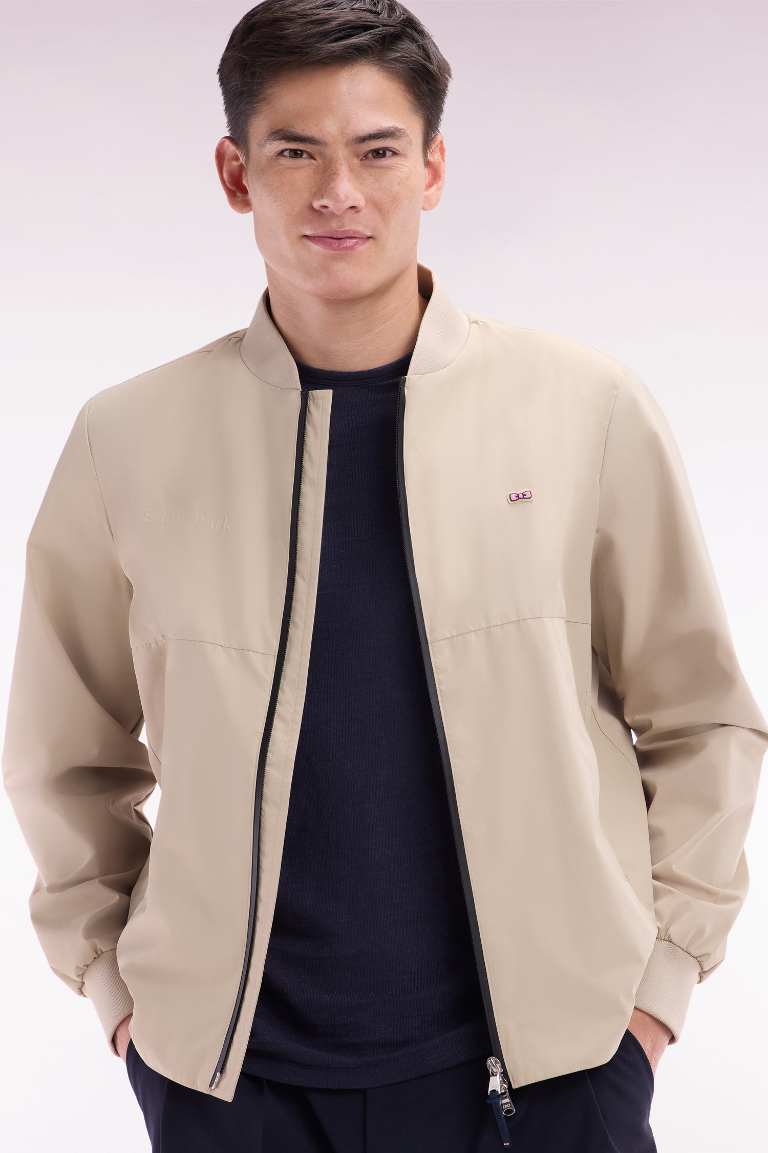 Blouson zippé en nylon Soft Touch à col Teddy beige