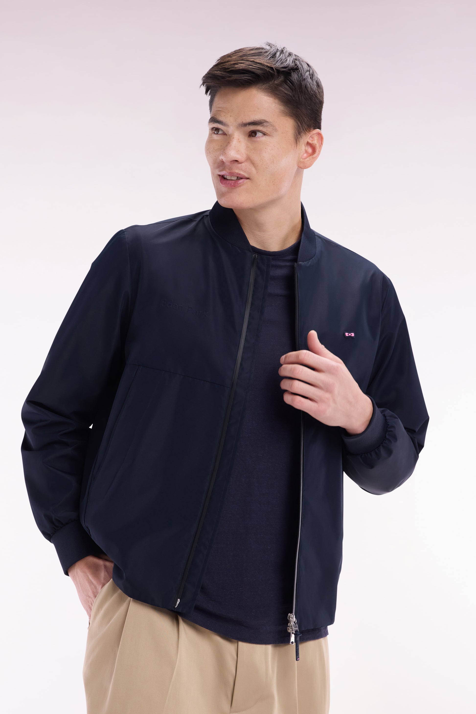 Blouson zippé en nylon Soft Touch à col Teddy marine