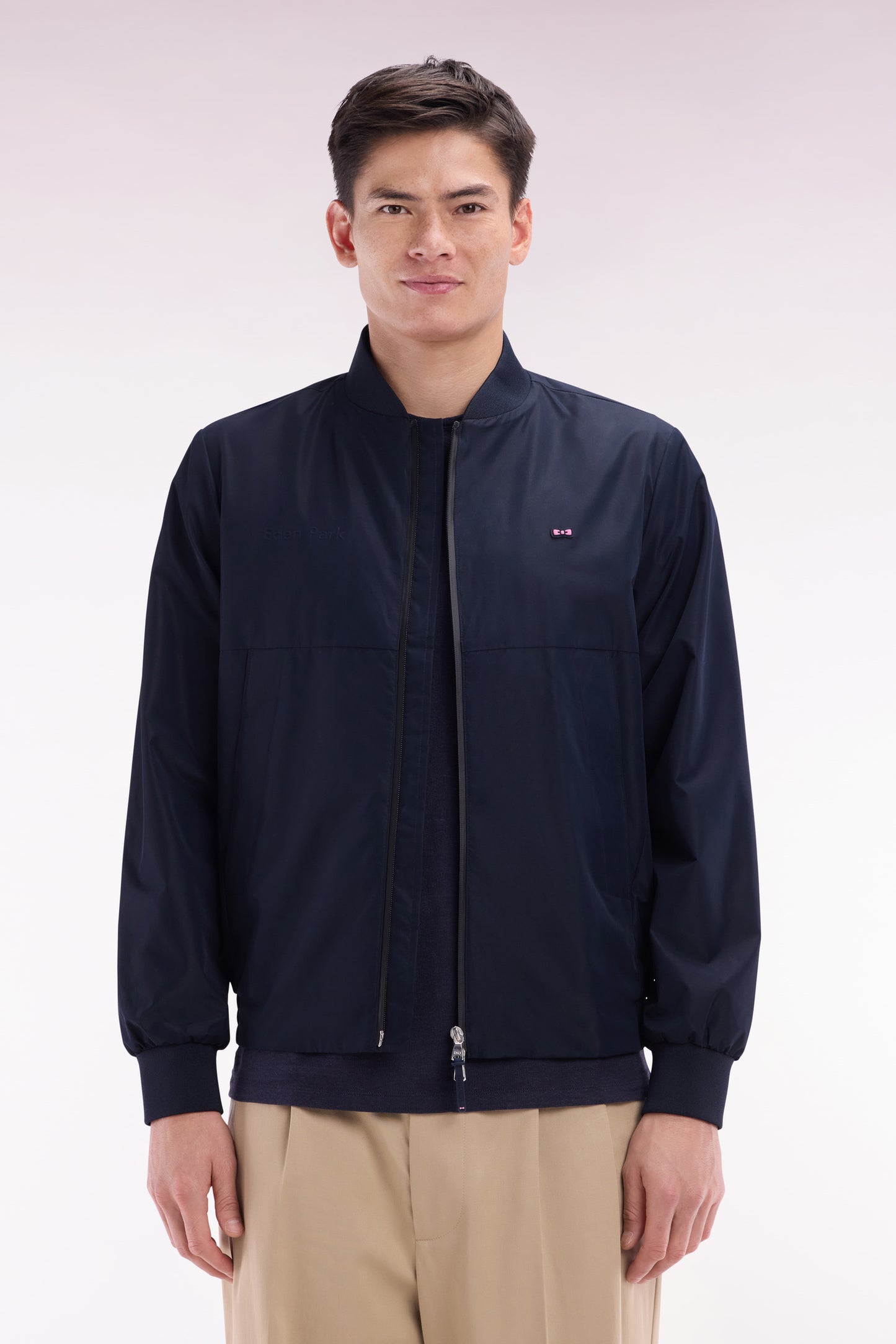 Soft Touch nylon navy zipped jacket with teddy collar
