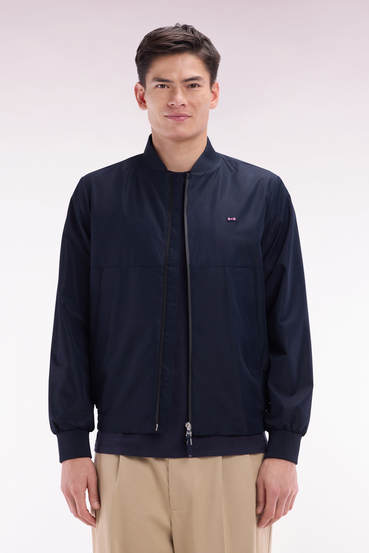 Blouson zippé en nylon Soft Touch à col Teddy marine