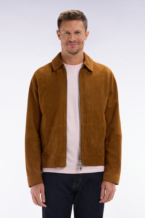 Blouson zippé en cuir suédé marron - Image 1
