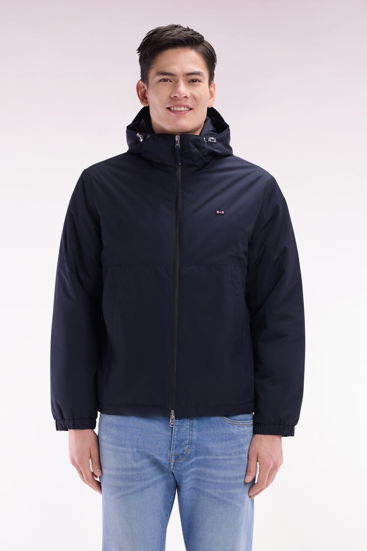 Coupe-vent à capuche en nylon à intérieur matelassé marine