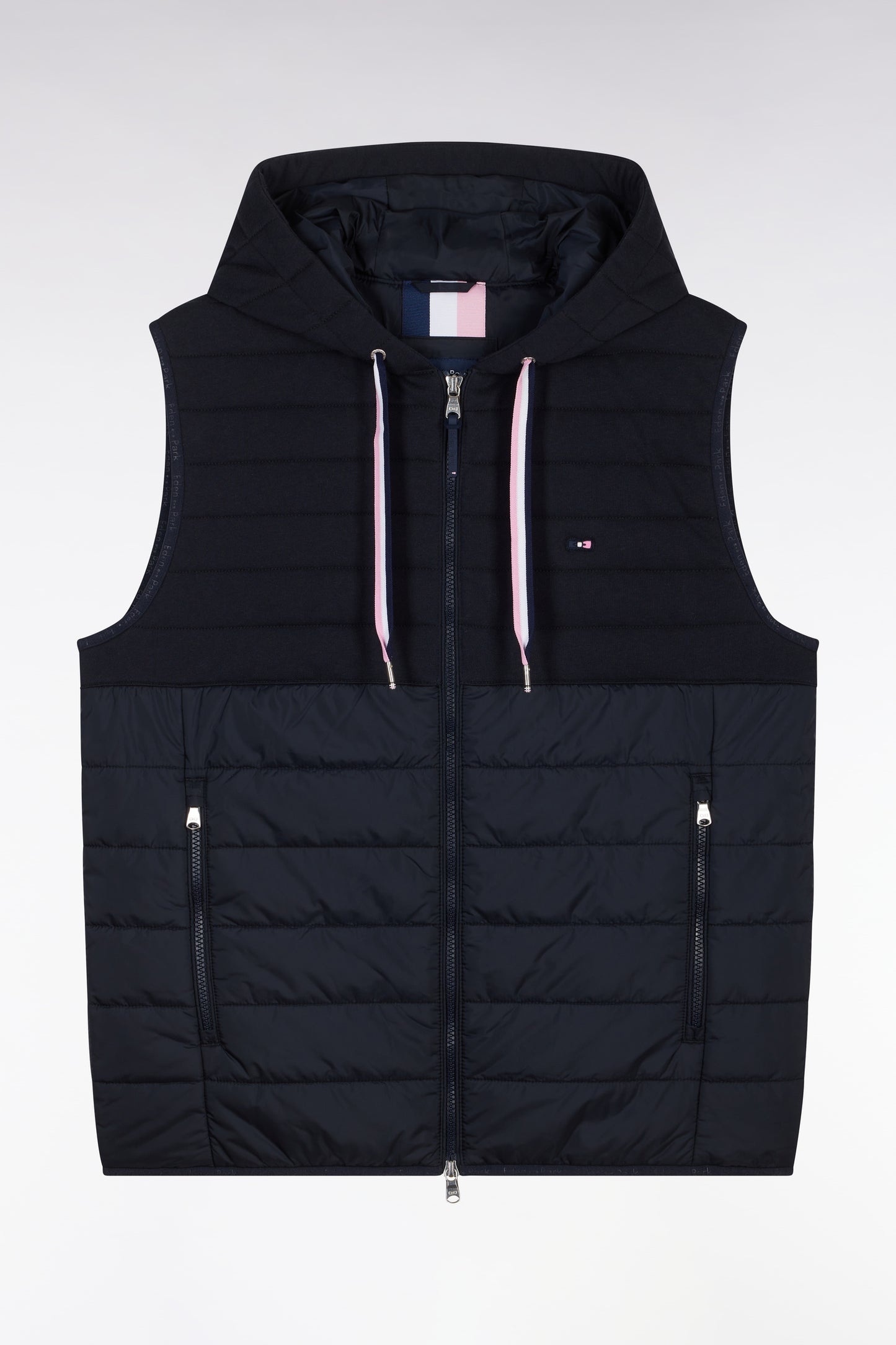Sleeveless navy bimaterial down jacket with hood