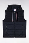 Sleeveless navy bimaterial down jacket with hood