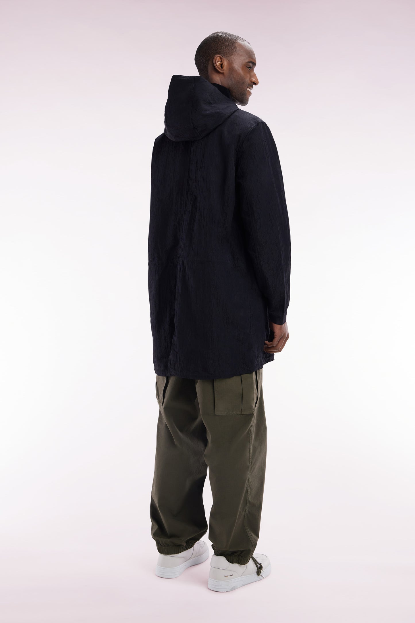 Lightweight black parka with integrated hood