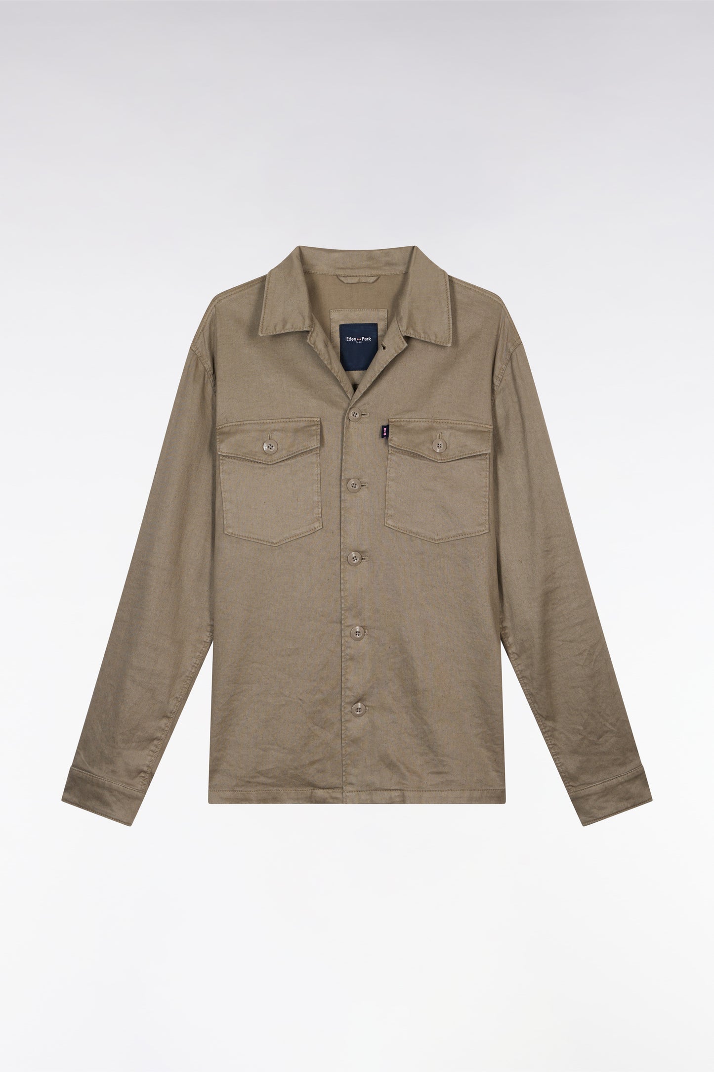 Overshirt with patch pockets in sand stretch linen and cotton
