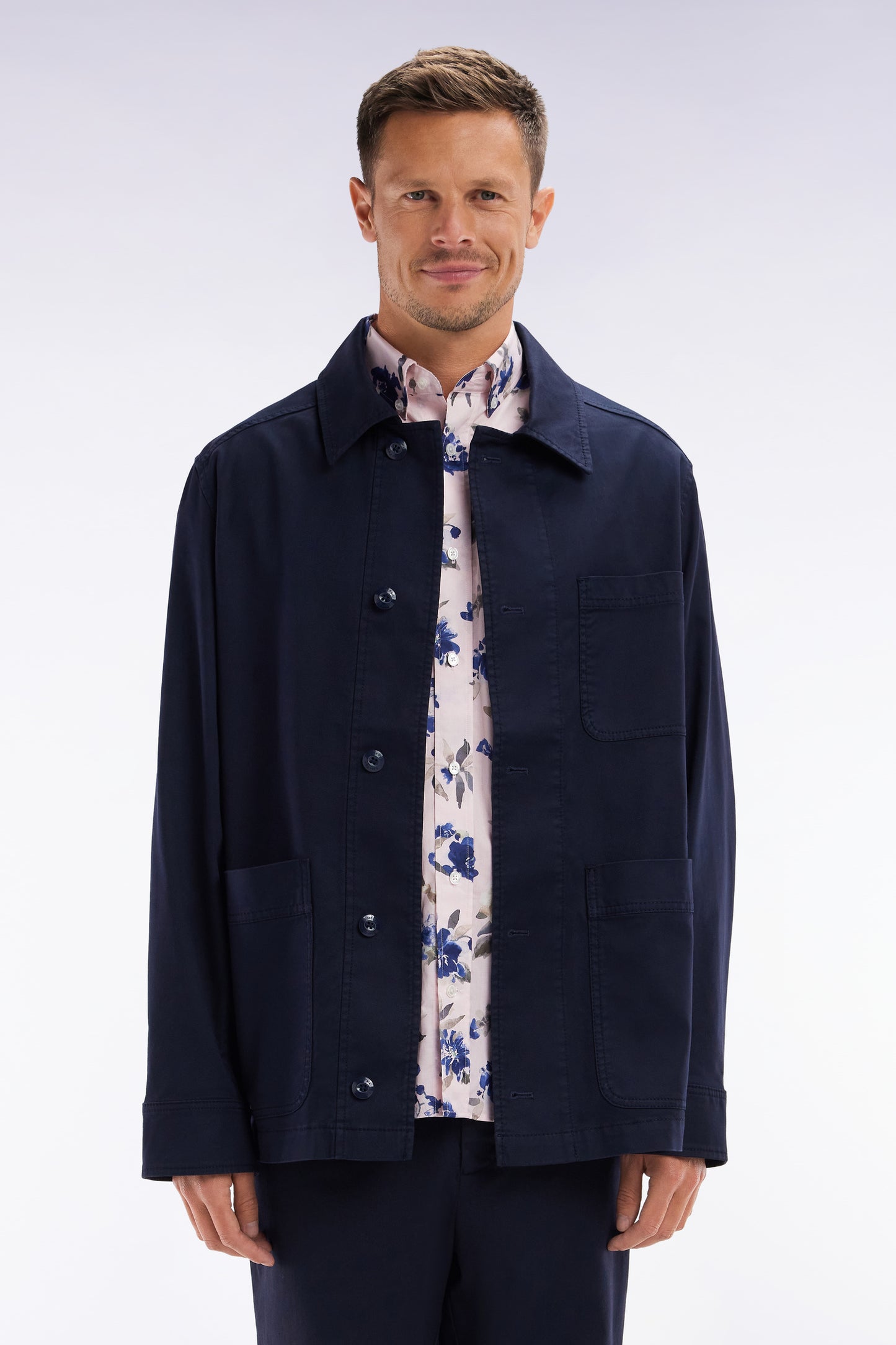 Navy stretch cotton overshirt with patch pockets