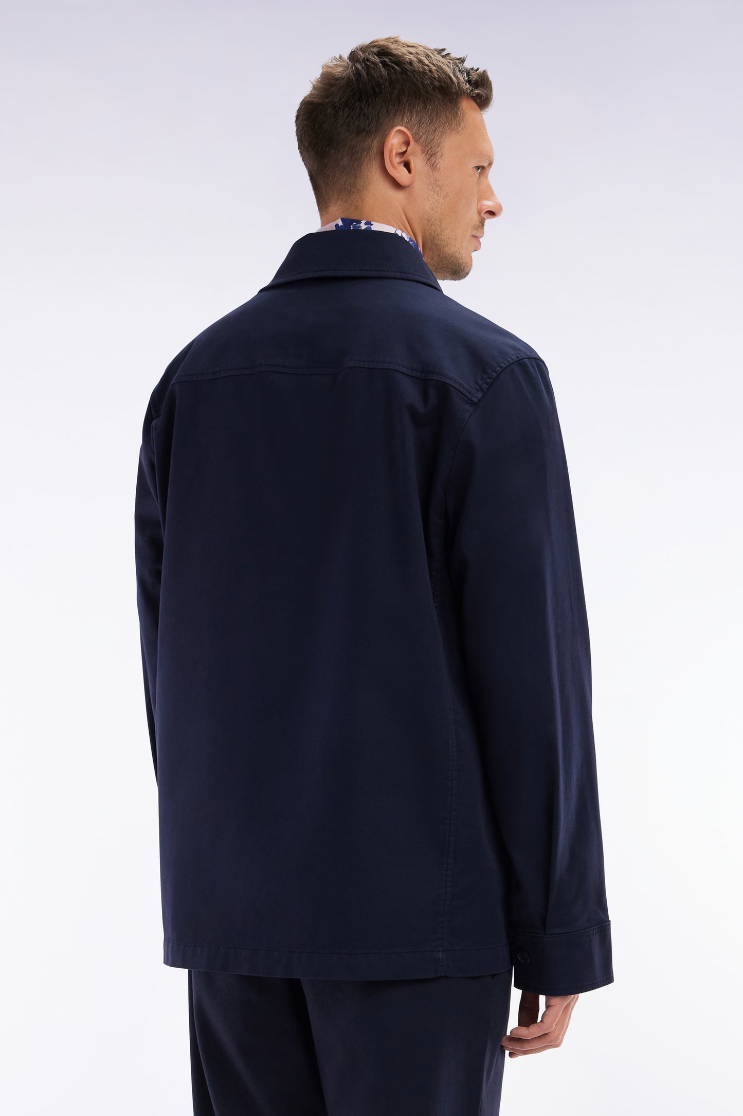 Navy stretch cotton overshirt with patch pockets