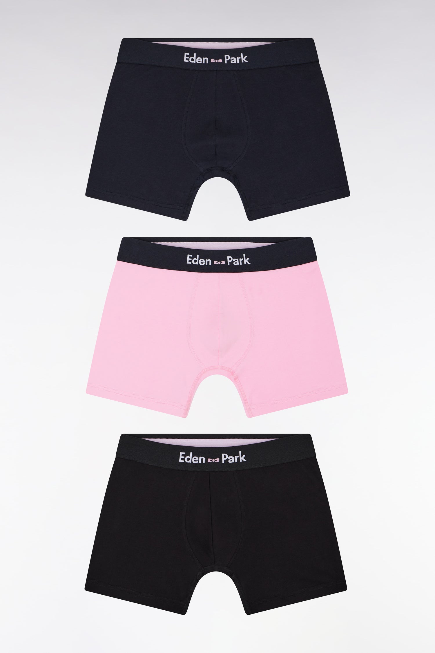 Lot de trois boxers en jersey de coton unis noir, marine et rose