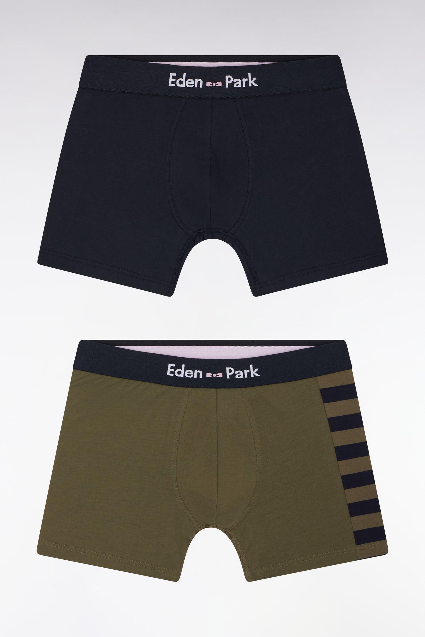 Set of two boxer shorts in navy and khaki stretch cotton jersey with hooped details