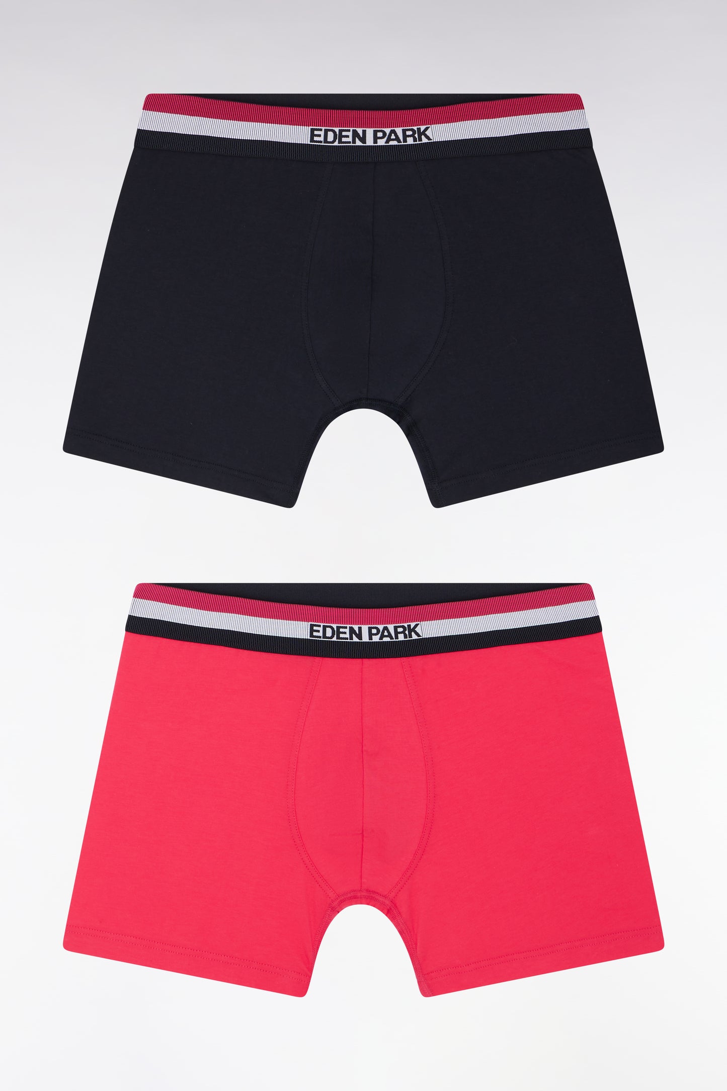 Set of two plain stretch cotton jersey boxer shorts with navy and fuchsia three-tone elastic waistband