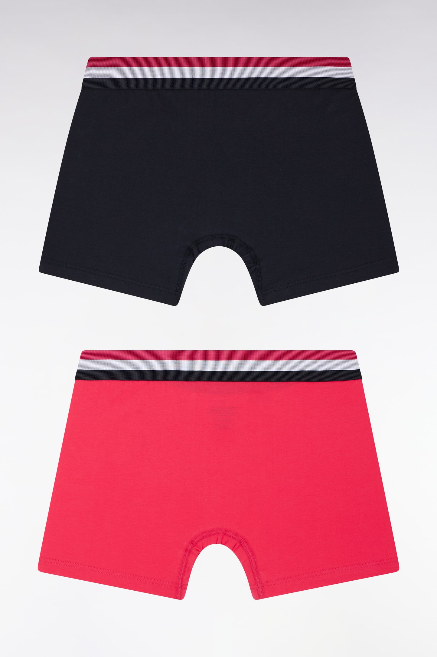 Set of two plain stretch cotton jersey boxer shorts with navy and fuchsia three-tone elastic waistband