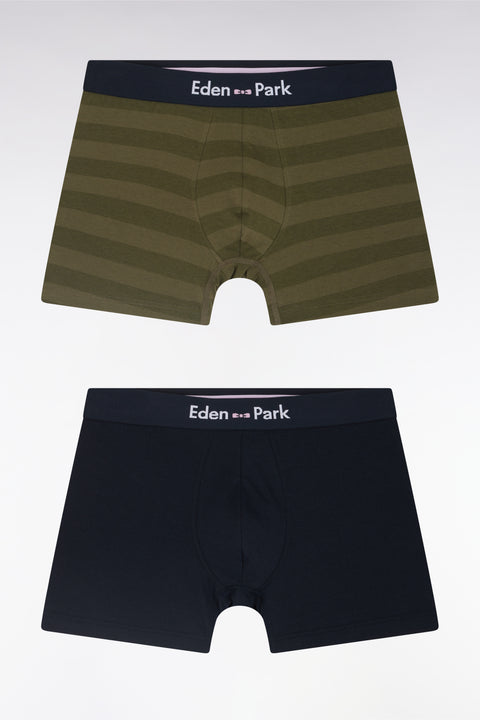 Lot de deux boxers en jersey de coton stretch marine et cerclé kaki - Image 1