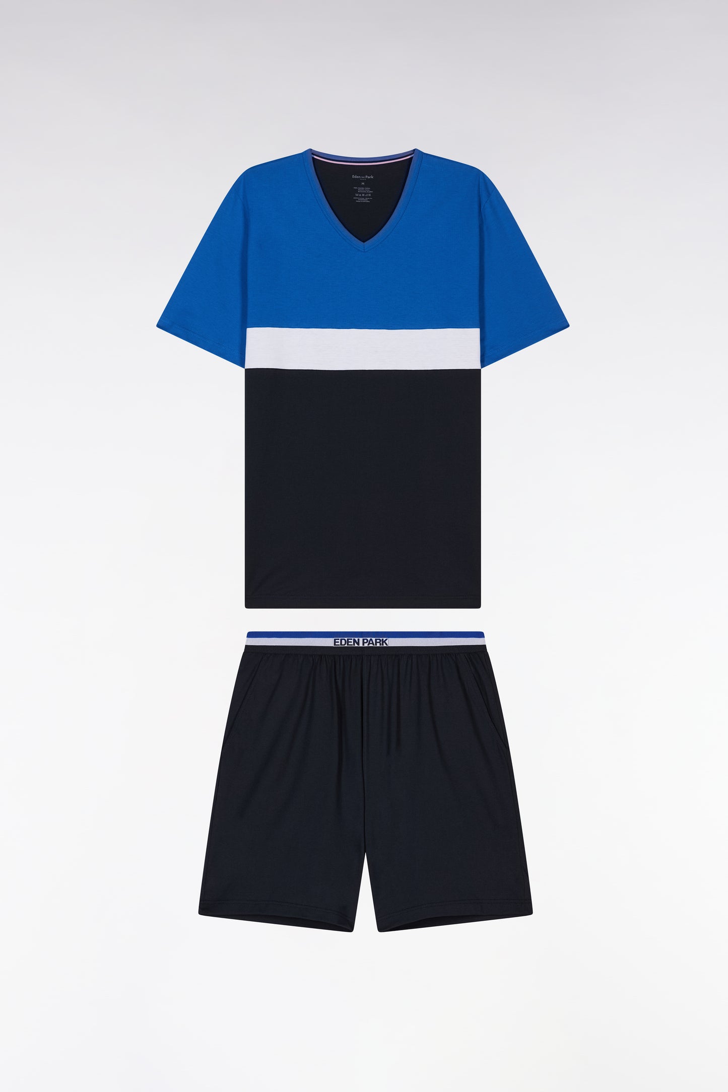Short pyjamas in navy blue and white cotton jersey shorts with striped details