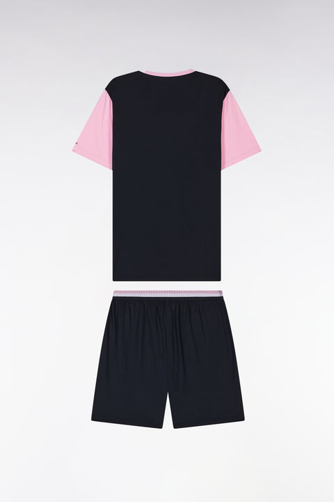 Pyjama court en jersey de coton marine rose et blanc short à détails rayés - Image 2