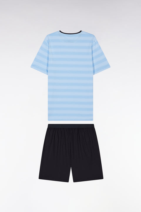 Pyjama court en jersey de coton T-shirt cerclé ciel short marine - Image 2
