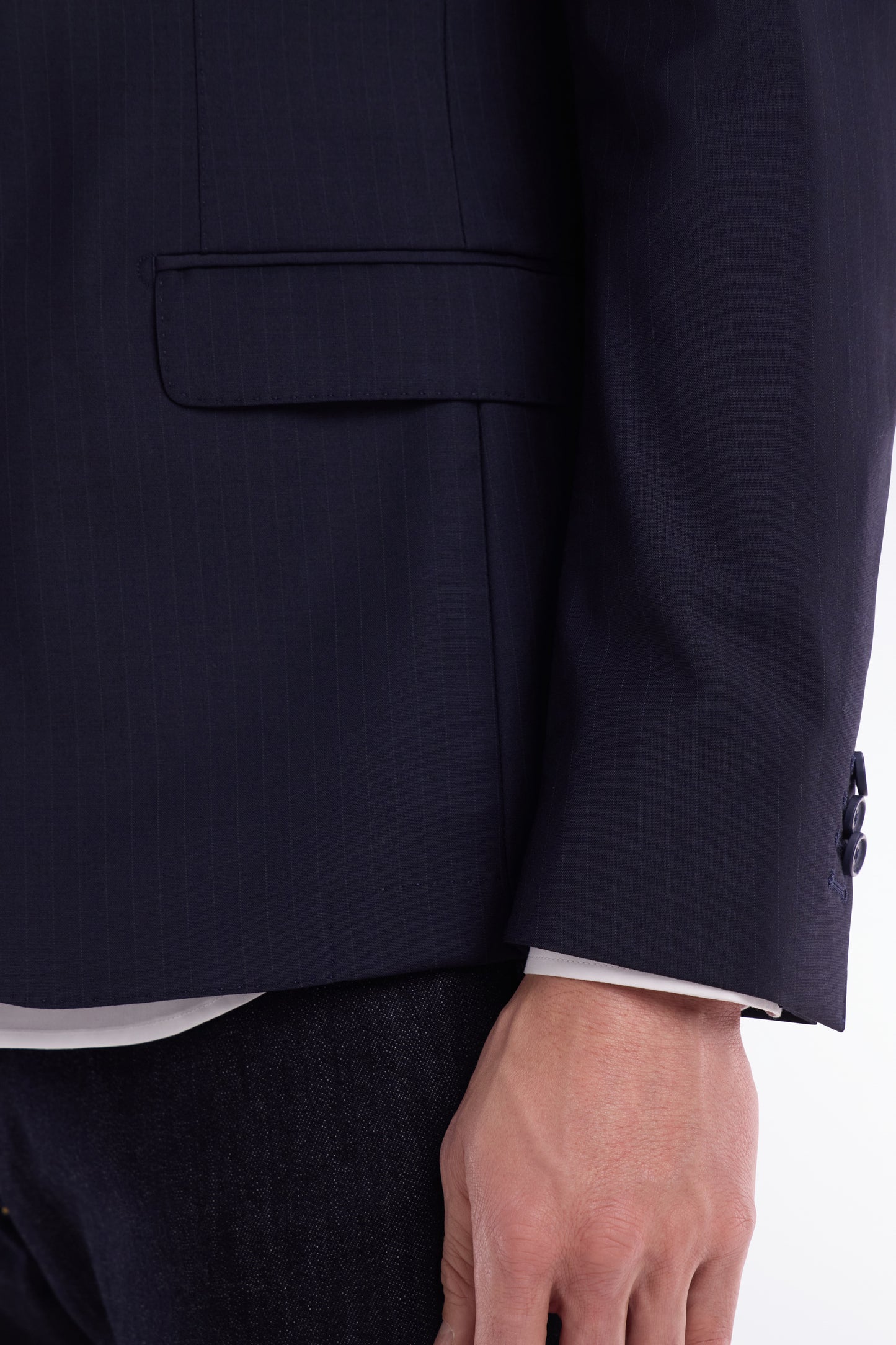 Navy suit jacket in fine striped wool blend