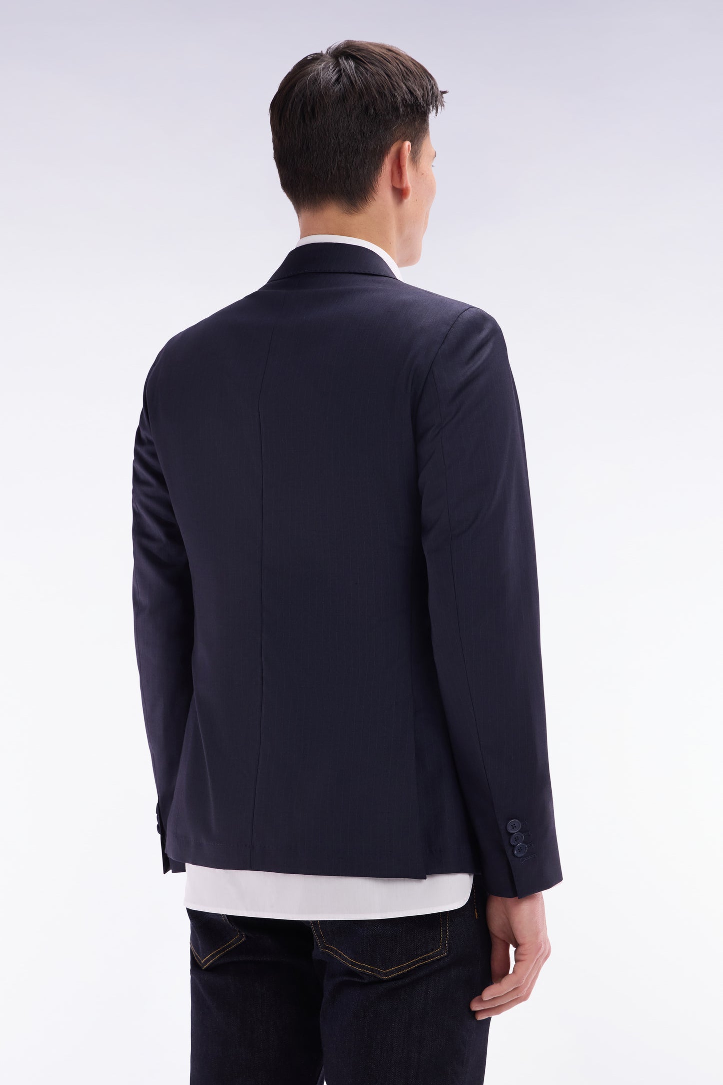 Navy suit jacket in fine striped wool blend