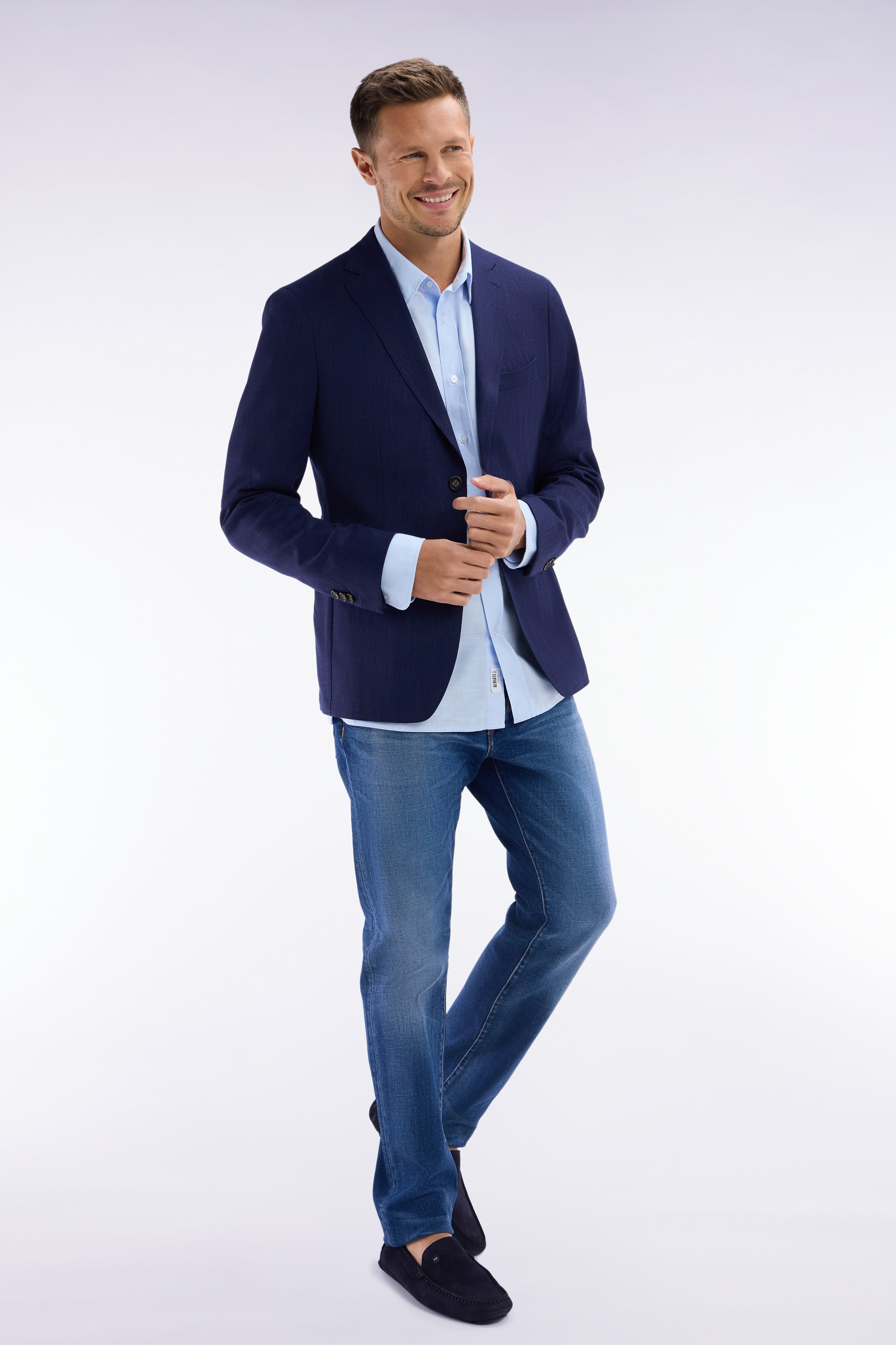 Sakko aus fil teint aus laine und lin stretch mélangés Marineblau